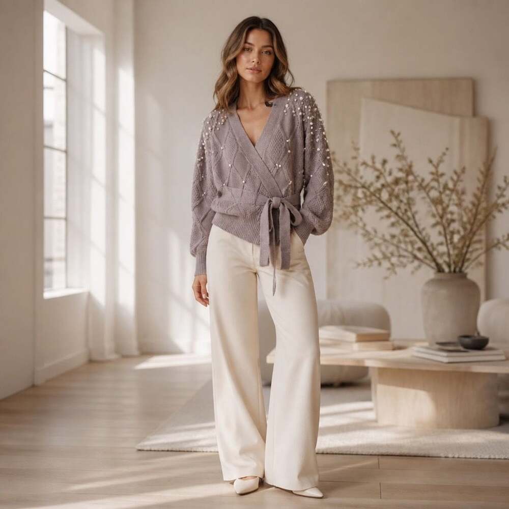 VICI Women's Gray Pearl Embellished Wrap Tie-Front Long Sleeve Sweater